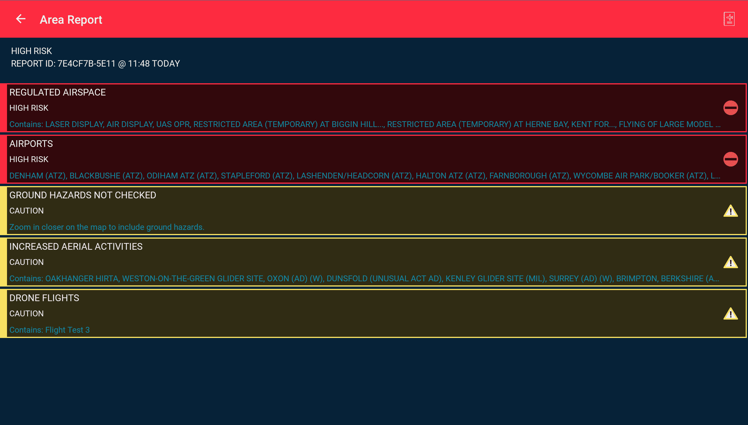 Screenshot Area Report Flysafe App